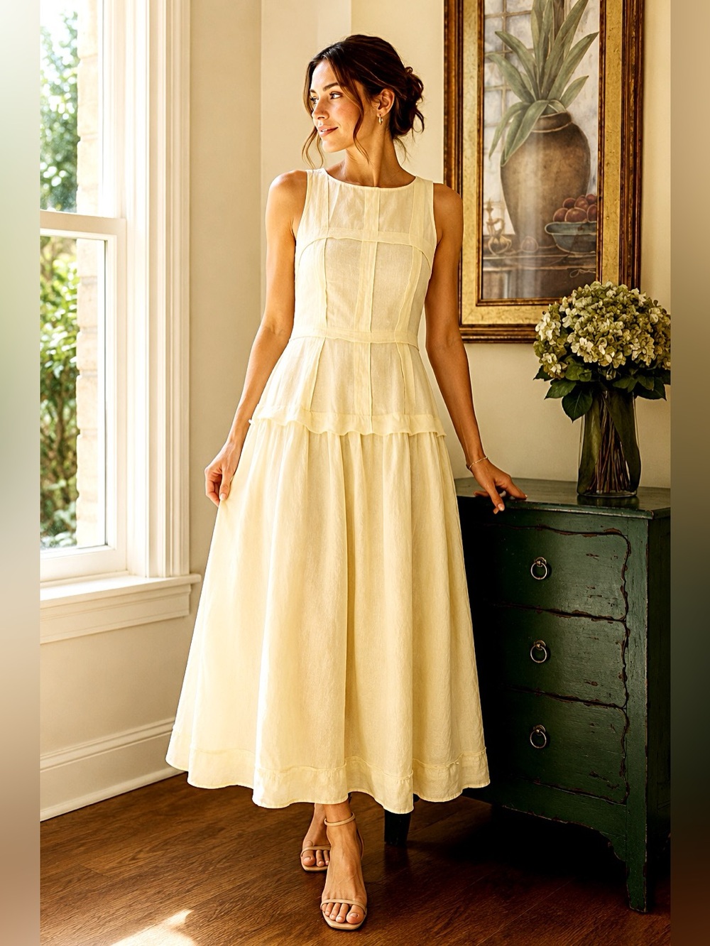 Mint Velvet Linen & Ramie Maxi Dress | Size 4 | Soft Buttercream Yellow